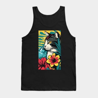 American Shorthair Cat Vibrant Tropical Flower Tall Retro Vintage Digital Pop Art Portrait 2 Tank Top